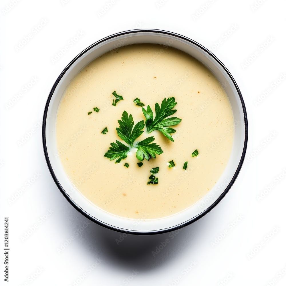 Bowl of soup with fresh sprigs of herbs on wooden table with natural lighting Bowl of soup with fresh sprigs of herbs on wooden table with natural lighting