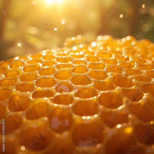Honeycombs, macro photography, honeycombs with honey, background.