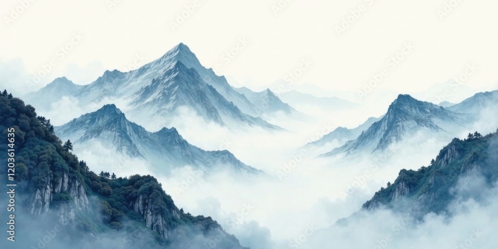 Fototapeta premium Serene Misty Mountain Peaks Enveloped in a Veil of Clouds, a Breathtaking Panorama of Nature's Majesty
