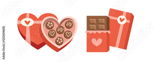 Set of chocolate box. Biscuit and chocolate. Valentine gift illustration. Valentine present. Sweet food. Dessert. Snack. Chocolate candy.