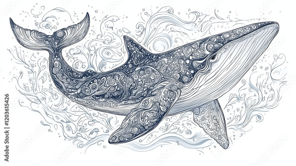 Fototapeta premium Marine Life Art, Outline Animal Design， Ocean Creature Illustrations, Whale Shark Artwork, Minimalist Aquatic Designs