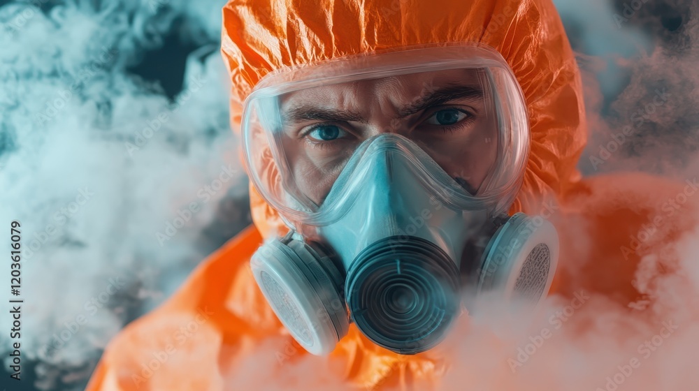 A person wearing a protective suit and mask stands in an environment filled with colorful smoke, illustrating themes of safety and environmental awareness. A person wearing a protective suit and mask stands in an environment filled with colorful smoke, illustrating themes of safety and environmental awareness.