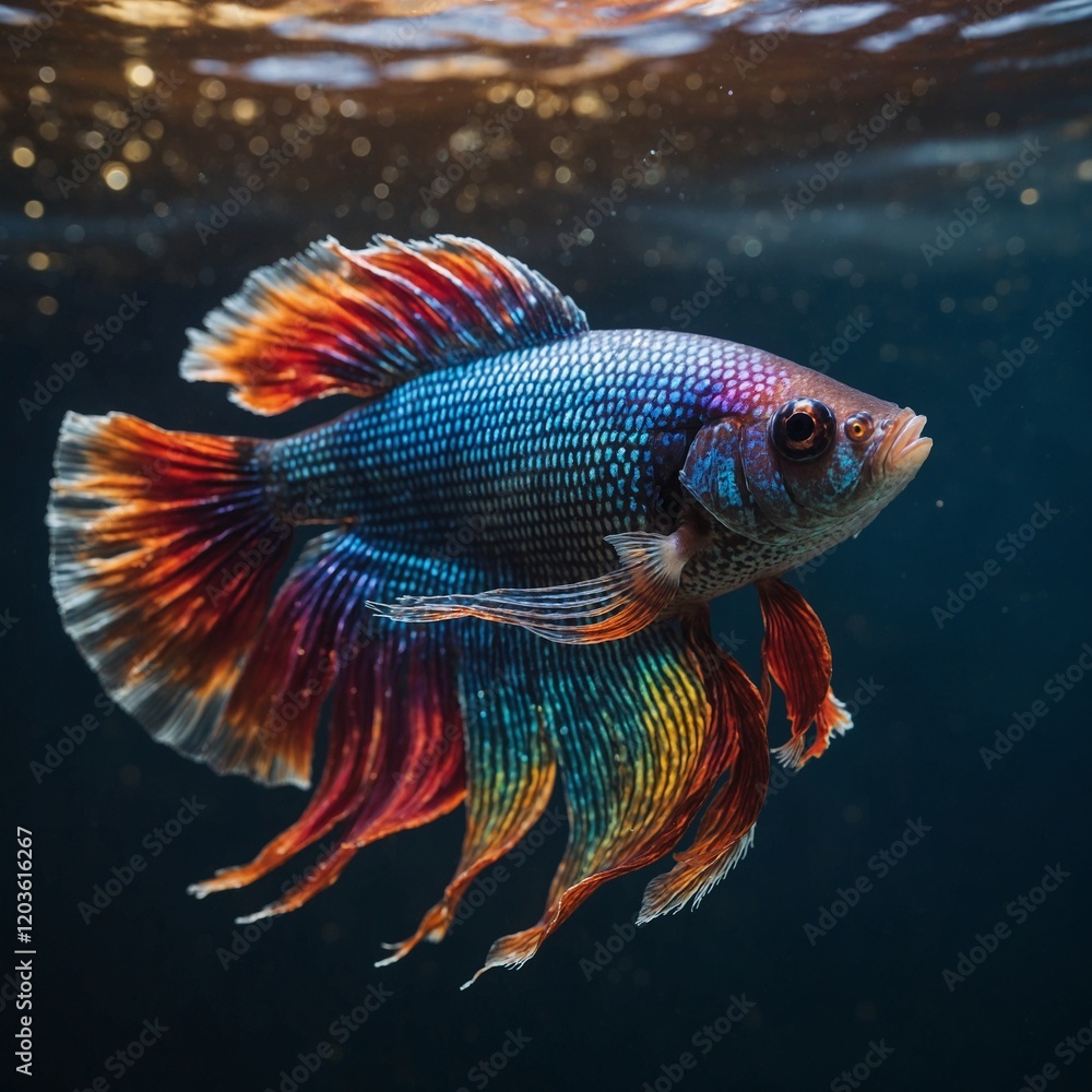 Fototapeta premium A Betta fish with a vivid rainbow pattern swimming under soft light, creating reflective sparkles.