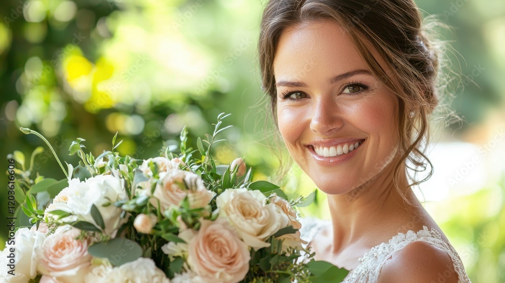Naklejka premium A woman is holding a bouquet of flowers and smiling
