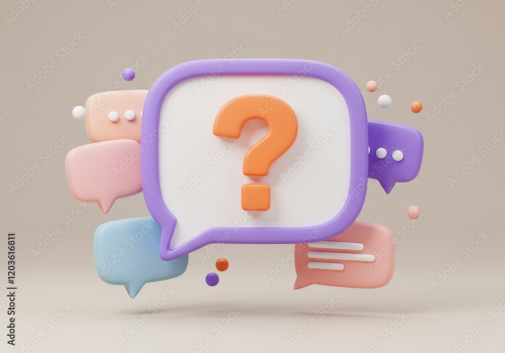 A 3D illustration of a large purple and white speech bubble with an orange question mark, surrounded by smaller speech bubbles with dots A 3D illustration of a large purple and white speech bubble with an orange question mark, surrounded by smaller speech bubbles with dots