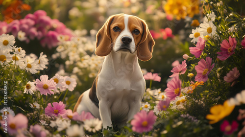 Happy beagle on theFlowers photo