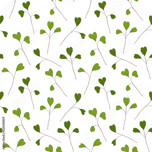 Micro green sprouts seamless pattern. Hand drawn radish leaves in doodle style, vector illustration on white background. Decorative for wrapping and packaging, organic plants