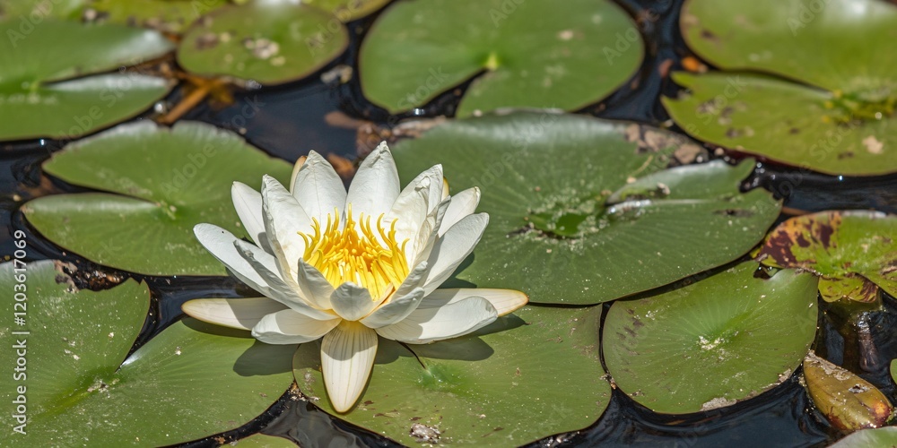 Stunning White Water Lily Blossom on Green Lily Pads Stunning White Water Lily Blossom on Green Lily Pads