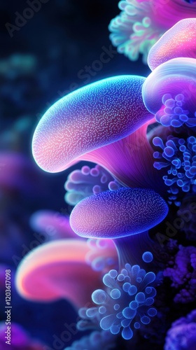 Glowing mushrooms with neon colors in