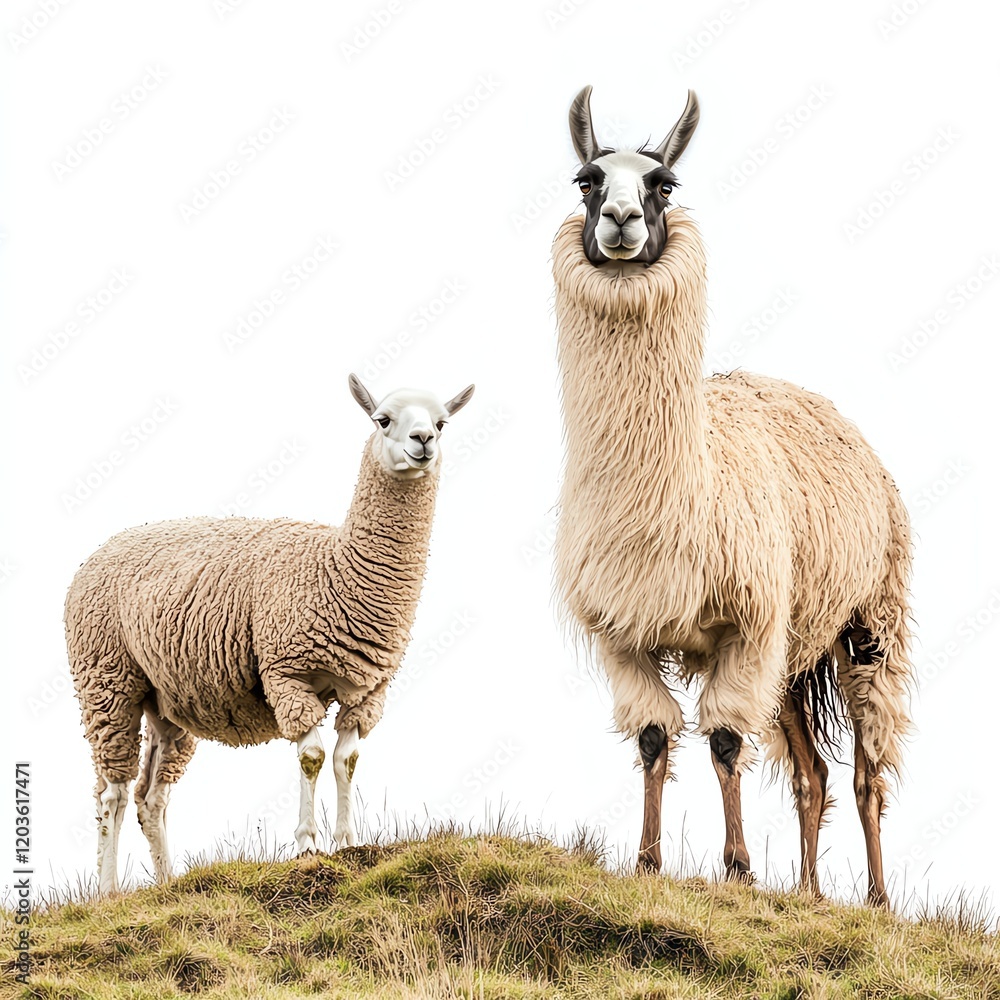 Two llamas standing on a grassy hill, white isolated background. Two llamas standing on a grassy hill, white isolated background.