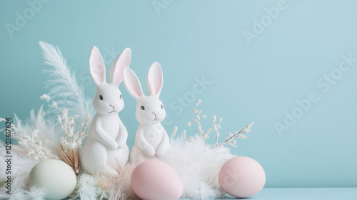 Easter celebration decor featuring playful white bunnies amidst soft pastel eggs cozy indoor setting festive photography whimsical vibe photo