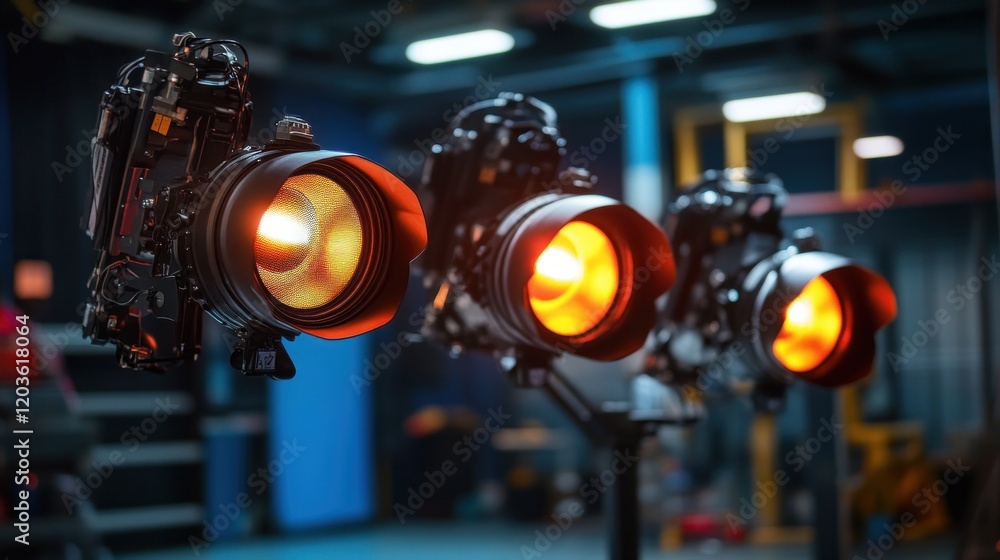 Fototapeta premium Professional studio lighting equipment, three powerful lights with warm orange illumination, focused on lens elements, in a modern industrial setting.