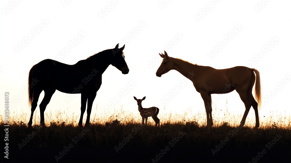 Silhouettes of horses and a foal against a sunset background. Silhouettes of horses and a foal against a sunset background.