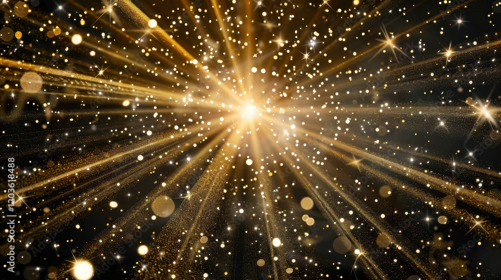 Fototapeta premium Golden light burst with sparkling particles and radiant beams creating magical atmosphere, perfect for celebrations and festive occasions