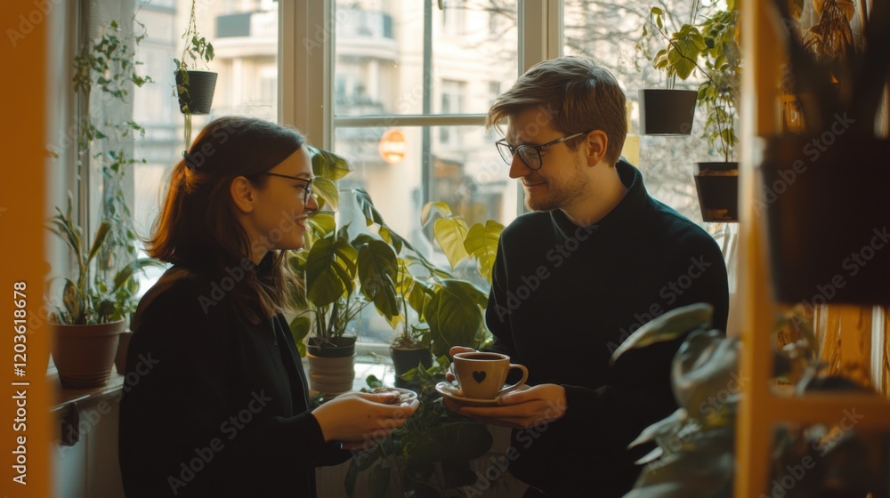 Coworkers in a Cozy Café Enjoying Coffee While Planning an Event, Surrounded by Lush Greenery and Warm Lighting Coworkers in a Cozy Café Enjoying Coffee While Planning an Event, Surrounded by Lush Greenery and Warm Lighting