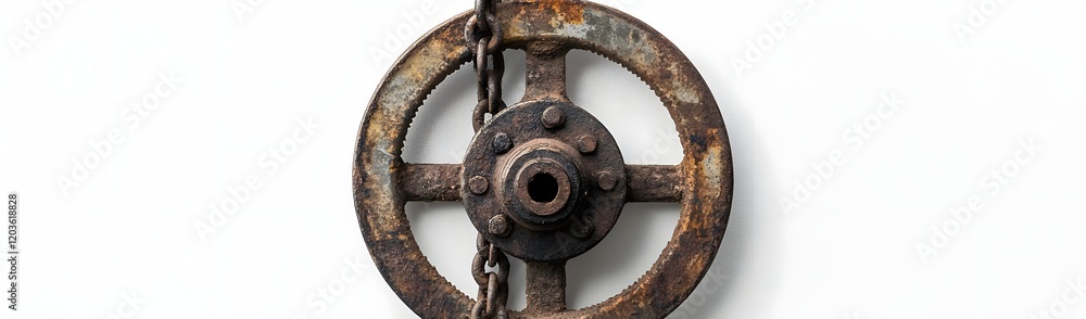 An old, rusted pulley wheel with a chain, showcasing industrial design and vintage aesthetics. An old, rusted pulley wheel with a chain, showcasing industrial design and vintage aesthetics.