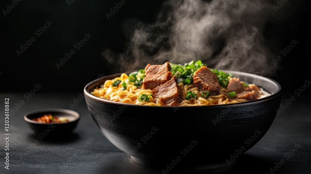 A steaming bowl of delicious noodles topped with succulent pieces of meat and vibrant green onions, perfect for showcasing comfort food in a culinary context. A steaming bowl of delicious noodles topped with succulent pieces of meat and vibrant green onions, perfect for showcasing comfort food in a culinary context.