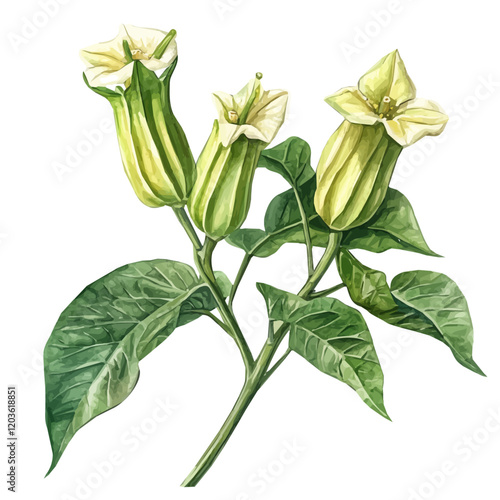 Malvaceae in Watercolor style painting of okra on a branch, watercolor okra plant with leaves illustration isolated on white background, mallows photo