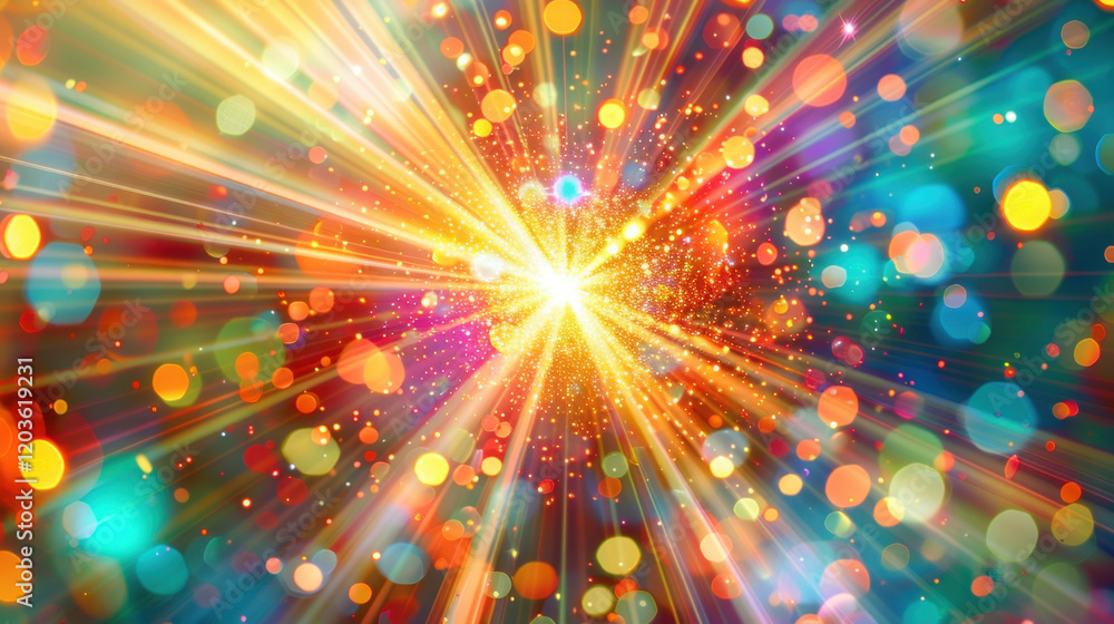 Fototapeta premium Colorful light burst with vibrant rays and bokeh effects creating festive atmosphere, perfect for celebrations and joyful occasions