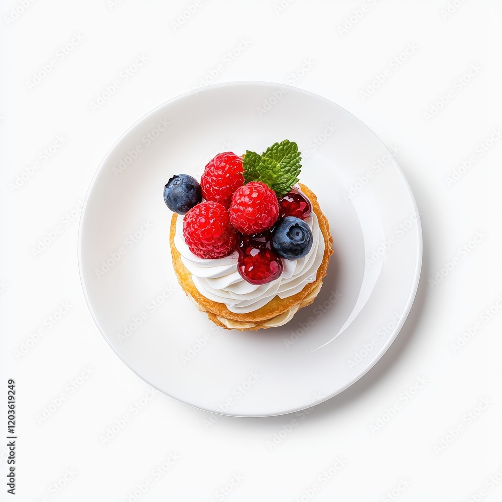 Delicious dessert served on a white plate with colorful toppings and garnishes in a bright setting Delicious dessert served on a white plate with colorful toppings and garnishes in a bright setting