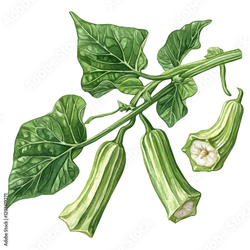 Malvaceae in Watercolor style painting of okra on a branch, watercolor okra plant with leaves illustration isolated on white background, mallows photo