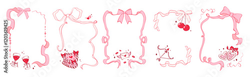 Set of hand drawn ribbon frames and borders in coquette style. Trendy bows, love themed creative elements. Elegant romantic decoration for greeting card, invitation, poster, wedding, Valentine's day.
