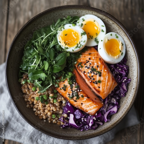Baked salmon with boiled eggs, buckwheat, fermented cabbage and fresh greens. Served on a plate with sesame, olive oil and herbs. Healthy balanced food recipe for microbiome. Mediterranean meal
