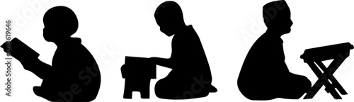 Muslim child silhouette set reading the Quran