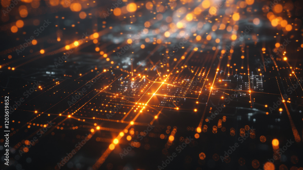 Obraz premium vibrant digital landscape with glowing orange lights and intricate patterns, representing technology and data flow. image evokes sense of innovation and connectivity