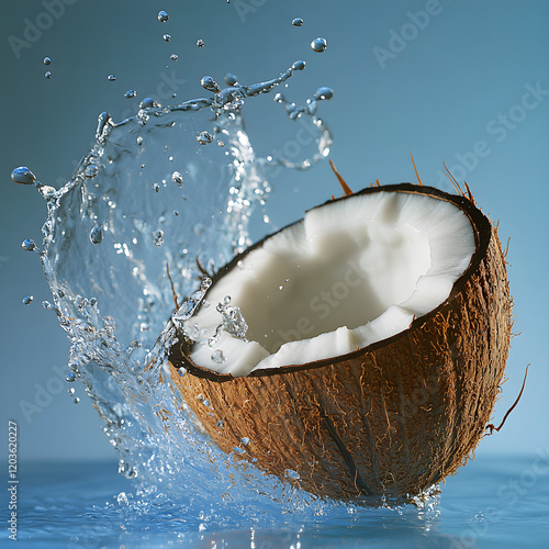 A splash of coconut water from a cracked coconut with droplets flying photo