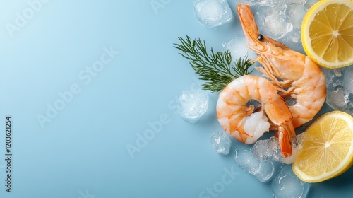 An inviting display of fresh shrimp served on ice with lemon slices, an aesthetic arrangement that highlights natural flavors and gourmet presentation. photo