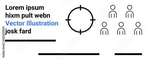 Circular target symbol centered among six outline figures, accompanied by lines of placeholder text. Ideal for marketing, audience analysis, business strategy, team management, presentations