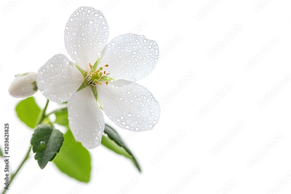 Naklejka premium Close-up of a delicate white flower with water droplets.