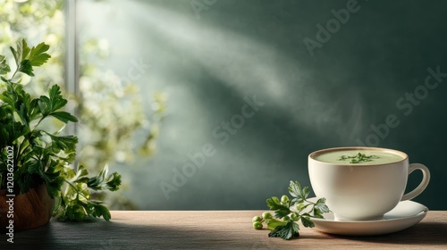 A soothing green soup served in an elegant white cup, surrounded by fresh herbs, creating a serene and inviting presentation ideal for culinary photography. photo