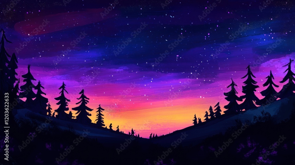 Starry Night Serenity: A Vibrant Sunset Over Silhouetted Pine Trees Starry Night Serenity: A Vibrant Sunset Over Silhouetted Pine Trees
