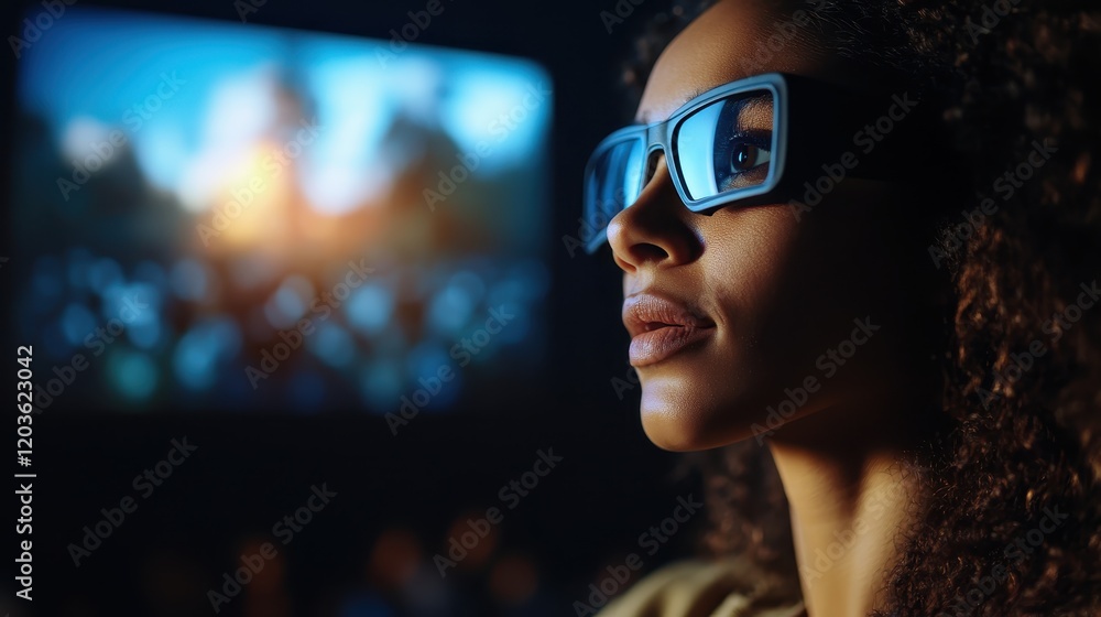 Bathed in soft light, a woman wearing 3D glasses gazes attentively at the screen, representing the captivating combination of art and emotion found in modern cinematic storytelling. Bathed in soft light, a woman wearing 3D glasses gazes attentively at the screen, representing the captivating combination of art and emotion found in modern cinematic storytelling.