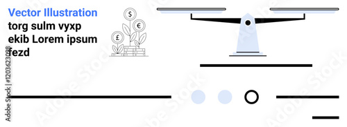 Balancing scales, coin plant, and assorted shapes. Ideal for finance, investment, savings, economy, wealth growth, balance and stability. Landing page