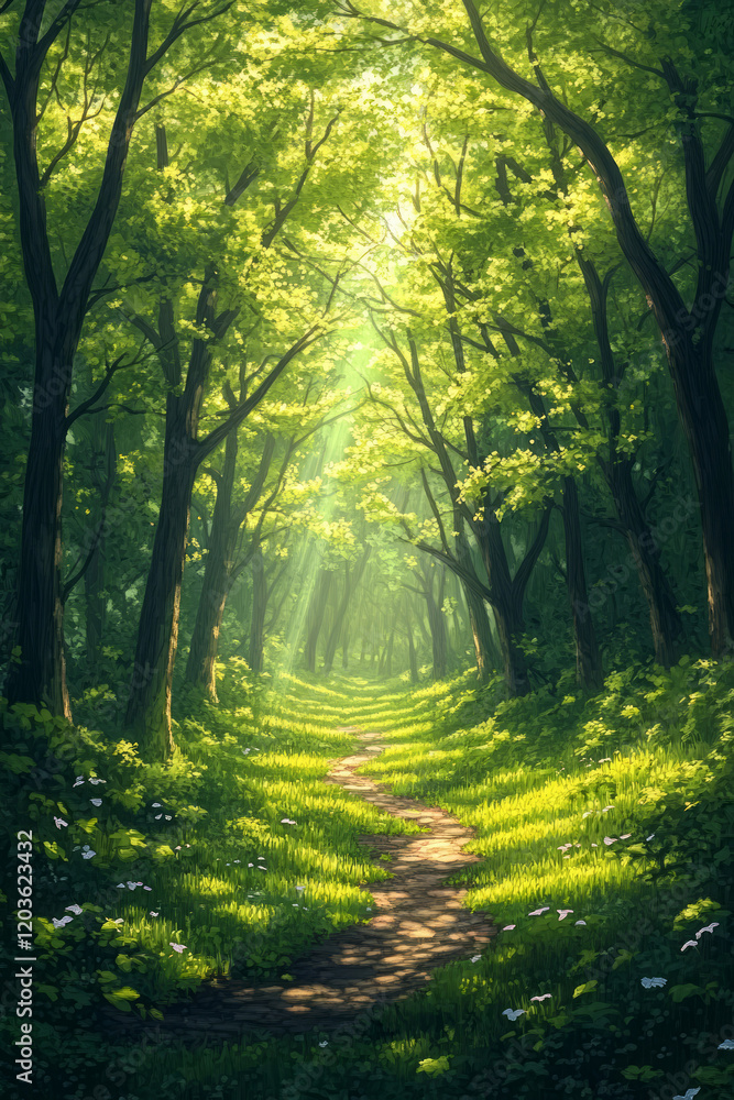 Naklejka premium Dreamy illustration of a sunlit forest path surrounded by lush greenery and gentle light beams