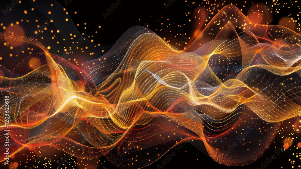 Fototapeta premium Dynamic abstract waves in orange and gold tones create vibrant visual. flowing lines and particles evoke energy and movement, perfect for backgrounds or digital art