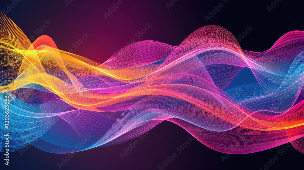 Vibrant abstract waves in colorful hues of pink, orange, and blue create dynamic visual effect, evoking energy and movement in digital art style