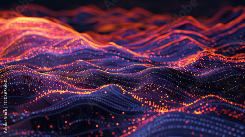 Abstract digital waves with glowing lines and particles in vibrant colors create mesmerizing visual effect, representing data flow and technology