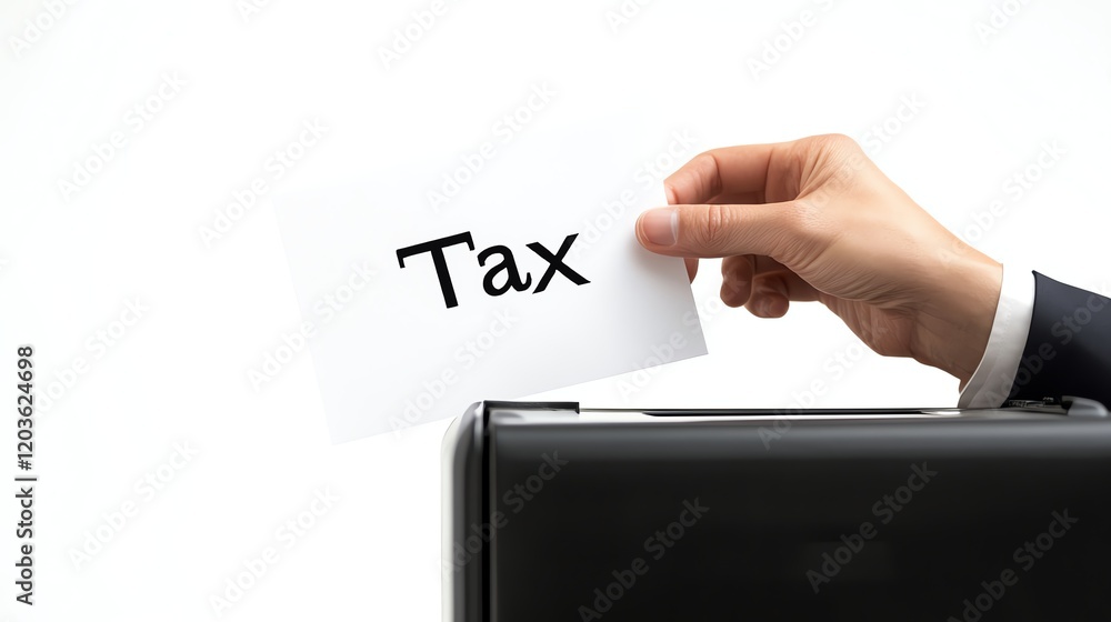 Hand placing a tax document into a black filing box on a white background. Hand placing a tax document into a black filing box on a white background.