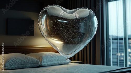 A translucent heart-shaped balloon floats above a bed, creating a romantic and whimsical atmosphere in a softly lit room.