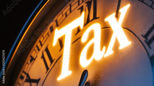 Close-up of illuminated clock face with the word Tax. photo