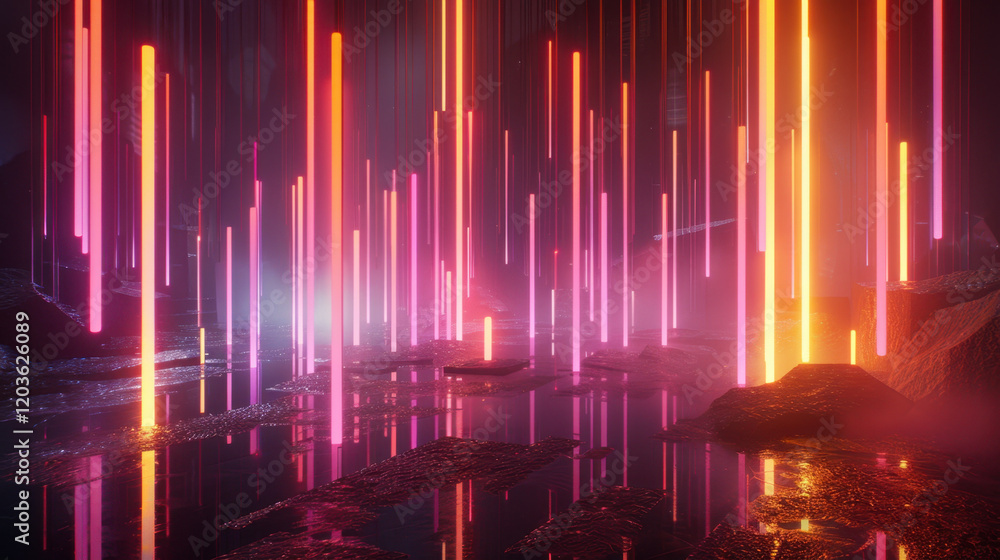 Obraz premium vibrant digital landscape featuring glowing vertical lights in shades of pink, orange, and purple, reflecting on dark, wet surface, creating futuristic atmosphere
