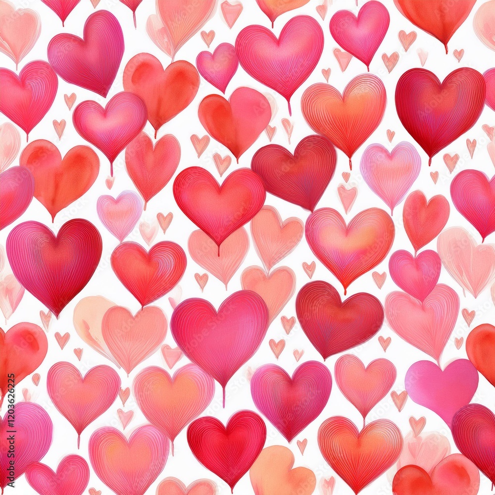 Pattern with hand painted hearts on white background; seamless border Pattern with hand painted hearts on white background; seamless border