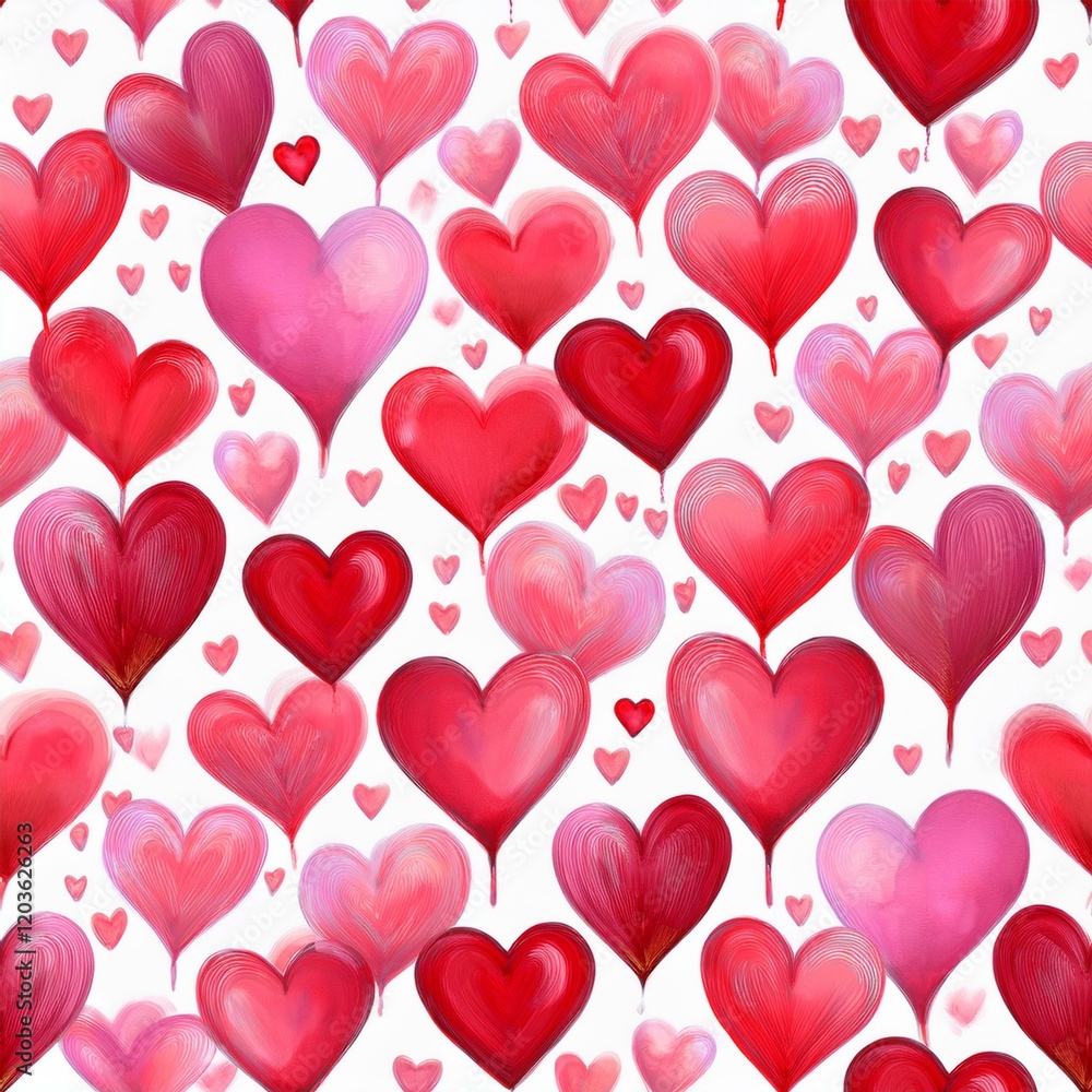 Pattern with hand painted hearts on white background; seamless border Pattern with hand painted hearts on white background; seamless border