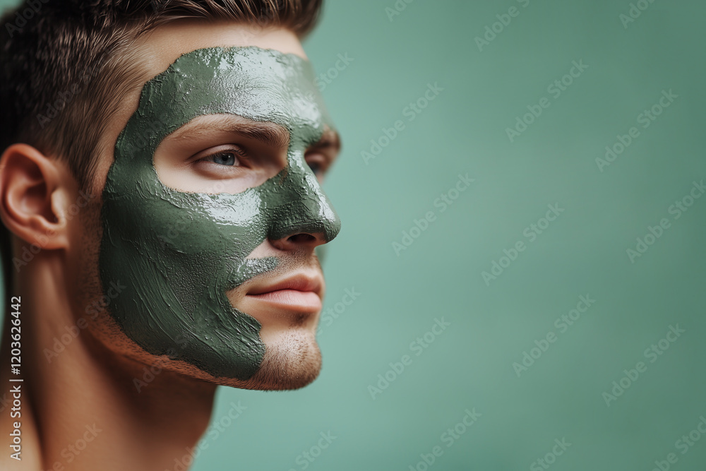 Fototapeta premium man with green clay mask on his face, men spa concept, looks into the distance