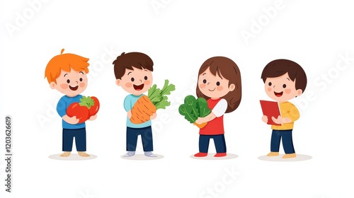 Group of children happily holding a variety of fresh vegetables and fruits outdoors in a park