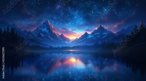 An enchanting scene of a starlit night sky over a calm lake, with the silhouettes of towering mountains creating an animated reflection on the water's surface ::2 celestial mirror, animated  photo